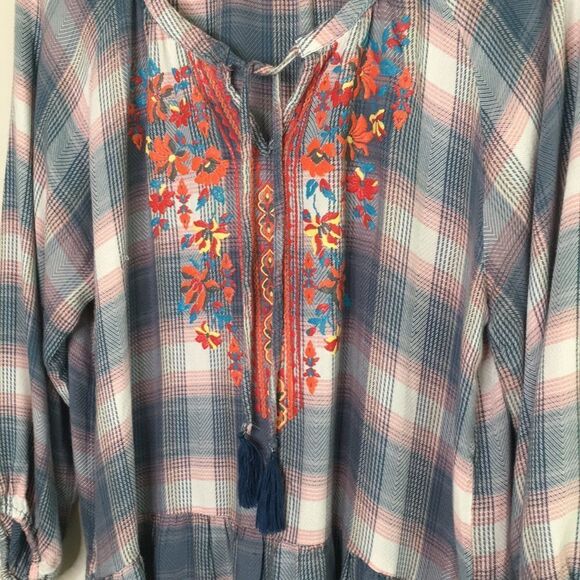 Peasant Style Faux Embroidered Flannel Tunic Top Cottagecore - Picture 5 of 8